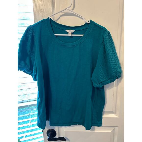 Set of 2! Time and Tru Teal and White Tees With Puff Sleeves - Picture 2 of 9